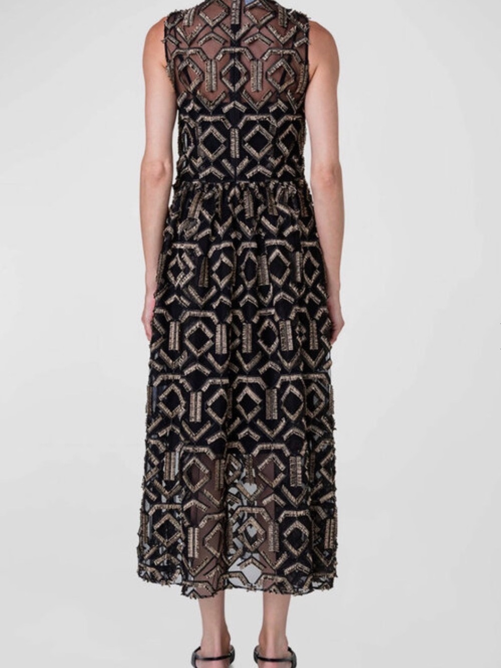 Akris Punto Black and Gold Geometric fringe embellished Dress. Tea length - Picture 4 of 9